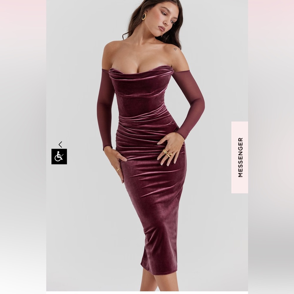 House of CB Leora Velvet Bodycon Corset Midi Party Dress in Mulberry Small